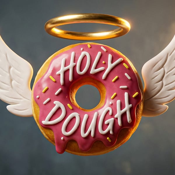 Pink-frosted donut with white “Holy Dough” lettering, colorful sprinkles, angel wings, and a golden halo against a smoky background.