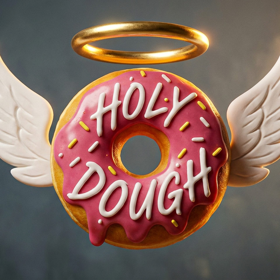 Pink-frosted donut with white “Holy Dough” lettering, colorful sprinkles, angel wings, and a golden halo against a smoky background.