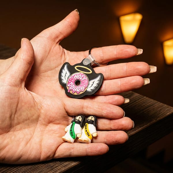 Hands display a winged “Holy Dough” donut charm and two tiny figurines against a warmly lit, dark interior.