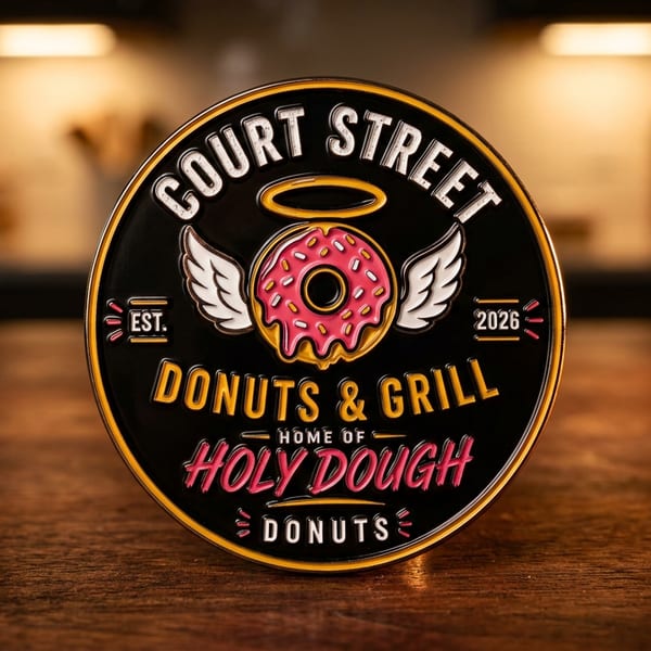 Round Court Street Donuts & Grill sign featuring a winged pink donut, displayed on a wooden counter in a warmly lit interior.