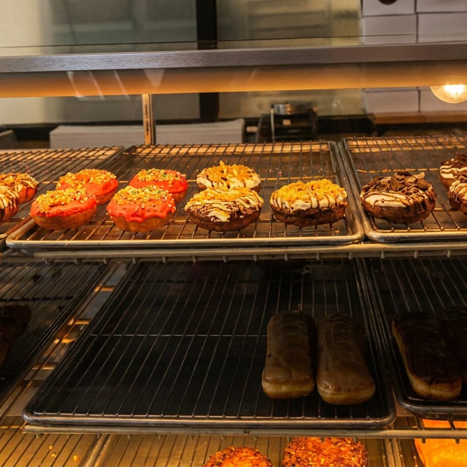 Display case filled with colorful glazed and chocolate-covered pastries arranged on metal baking trays.