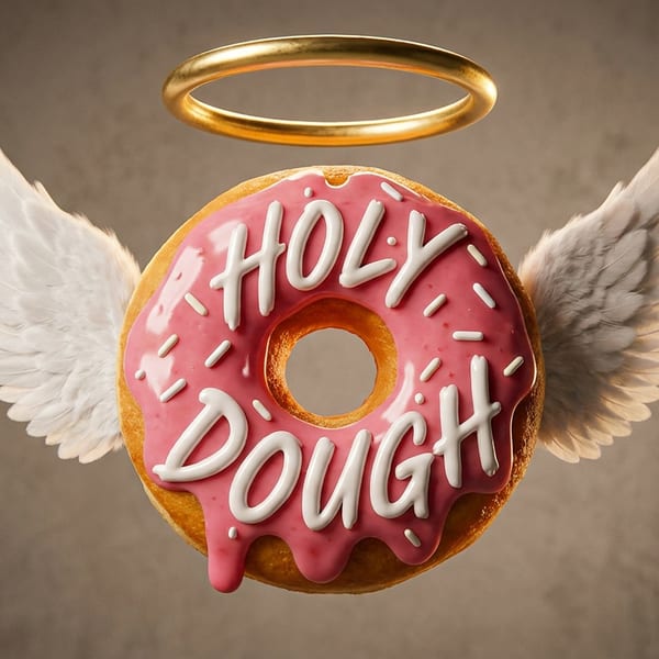 Pink-frosted doughnut with white “Holy Dough” lettering, angel wings, and a golden halo against a brown background.