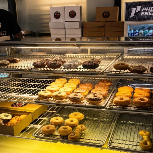 Display case filled with assorted glazed, cinnamon, powdered, and sprinkle-covered doughnuts at a bakery counter.