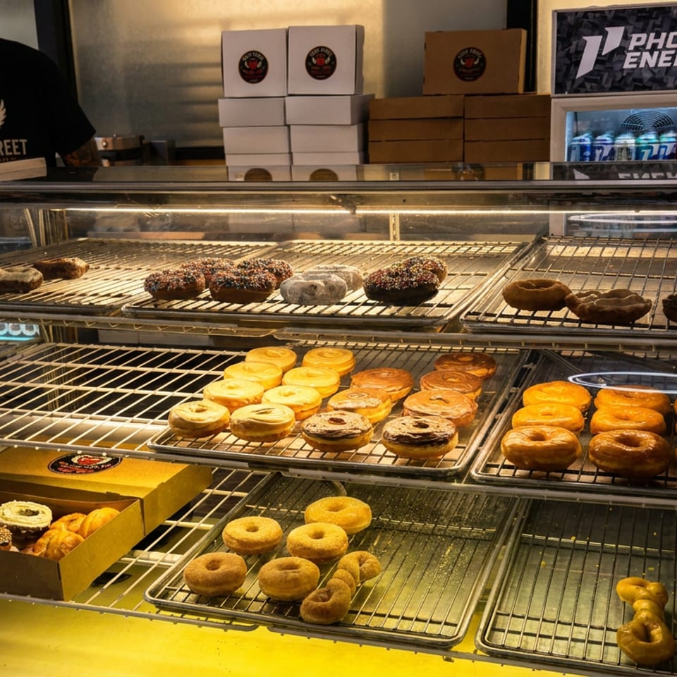 Display case filled with assorted glazed, cinnamon, powdered, and sprinkle-covered doughnuts at a bakery counter.